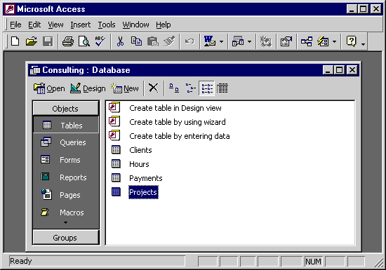 Consulting Database consisting: 1) Clients, 2) Hours, 3) Payments, 4) Projects