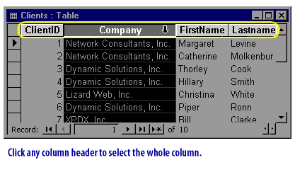 Click any column header to select the whole column.