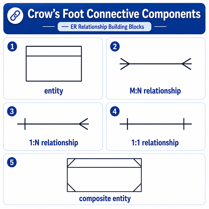 Overview of entity boxes, maximum-cardinality connectors for M:N, 1:N and 1:1, and one stylized associative-entity box.