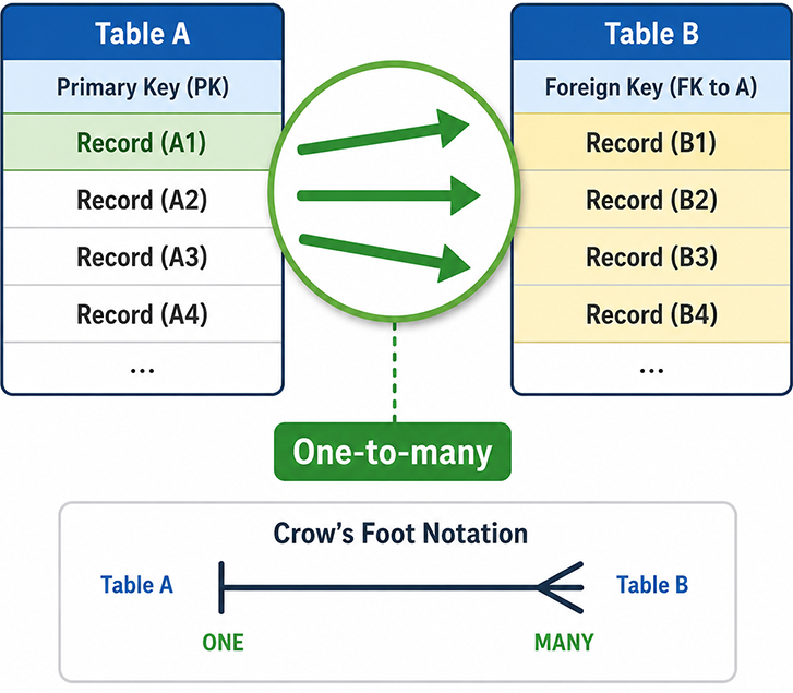 Abstract illustration of one parent record associated with multiple child records, with a one-to-many maximum-cardinality connector.