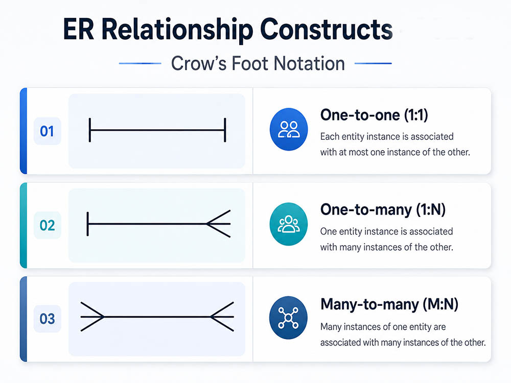 Maximum-cardinality overview: one-to-one has a bar at each end, one-to-many a bar and crow's foot, and many-to-many a crow's foot at each end.