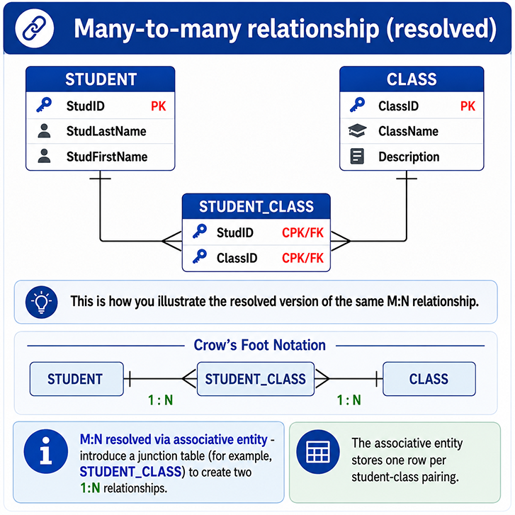 STUDENT_CLASS joins STUDENT and CLASS through two one-to-many relationships. StudID and ClassID together form its composite primary key and each is a foreign key.