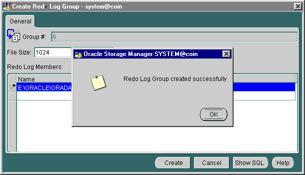 Redo Log Group created successfully