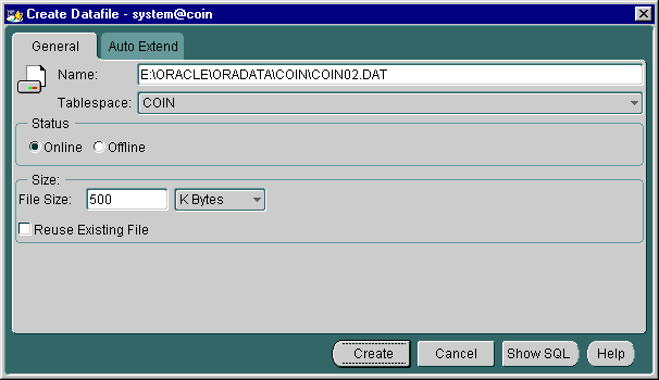 Select General Online | Select Name: E:\ORACLE\ORADATA\COIN\COIN02.DAT