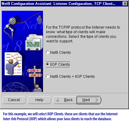 4) For this example, we will select IIOP clients. These are the clients that use the Internet Inter-Orb_Protocol (IIOP) which allows you Java clients to reach the database.