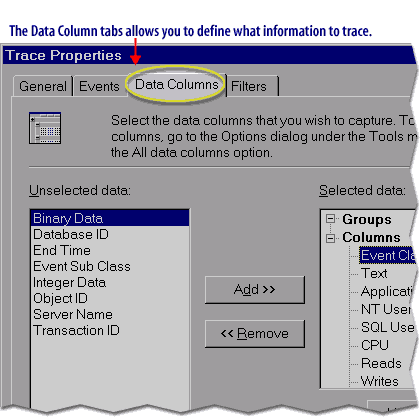 The Data Column tabs allows you to define what information to trace.