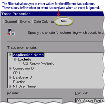 The Filter tab allows you to enter values for the different data columns. These values define when an event is traced and when an event is ignored.